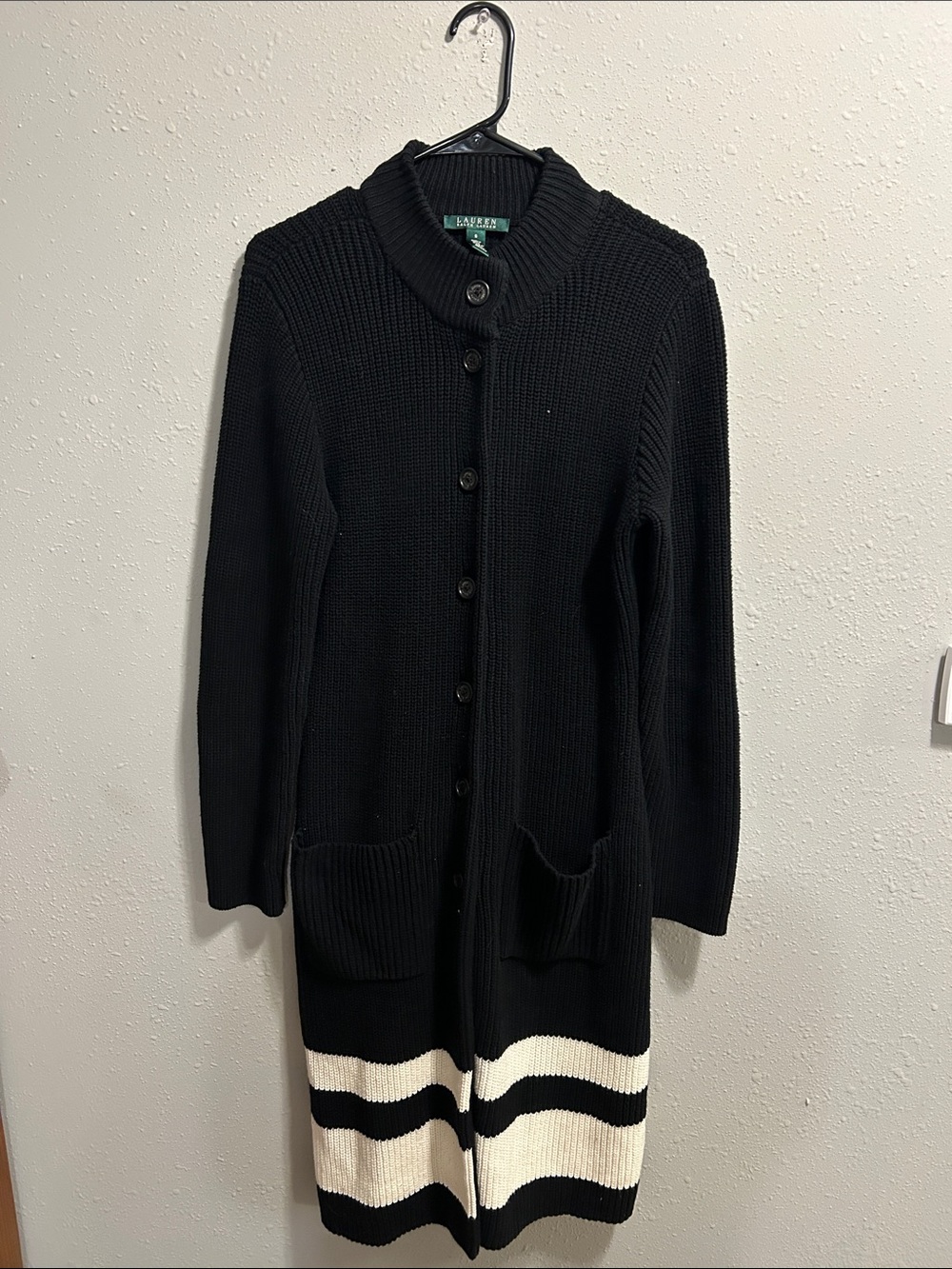Lauren Ralph Lauren Long Cardigan Sweater Chunky Cotton Knit Black White Stripes